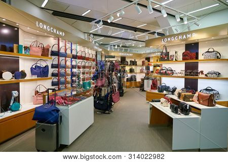 VIENNA, AUSTRIA - CIRCA MAY, 2019: goods on display at Longchamp store in Vienna International Airport.