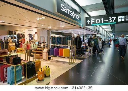 VIENNA, AUSTRIA - CIRCA MAY, 2019: goods on display at Samsonite store in Vienna International Airport.