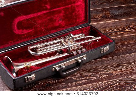 Professional Trumpet In Velvet Case. Brass Lacquered Trumpet. Classical Jazzy Instrument.