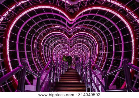 A Stairway Leading Through A Tunnel Of Hearts In Jewangsan Park In Chinhae, South Korea
