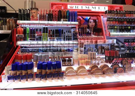 Assen, The Netherlands, July 27th 2019: Various Rimmel Cosmetic Products On Display In A Big Drugsto