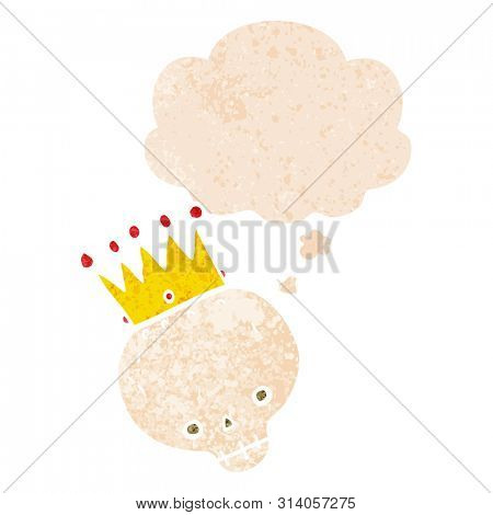 cartoon skull with crown with thought bubble in grunge distressed retro textured style