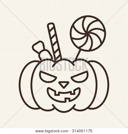 Pumpkin And Sweets Vector Line Icon. Candies, Halloween, Children. Holiday Concept. Vector Illustrat