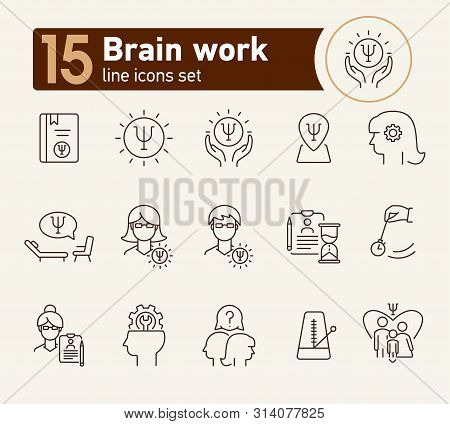 Brain Work Line Icon Set. Human Head, Gear, Psychologist Office. Psychology Concept. Can Be Used For