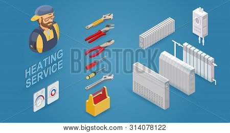 Heating Service. Builder In Uniform, Professional Tools, Radiators. Vector.