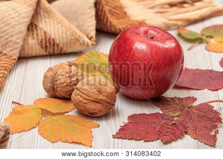 Apple, Walnuts And Dry Leaves In An Autumn Still Llife.