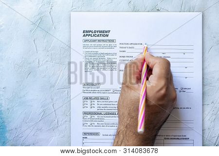Hand Filling Standard Application For Employment. Hr, Hiring, Applicant Filling Job Application. Hr,