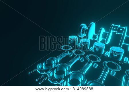 3d Rendering. Crankshaft For 6v Cylinders Engine. Truck Crankshaft On Blue Background. Engine Bearin