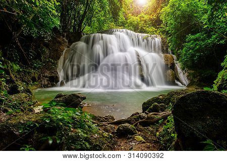 Beautiful Waterfall In The National Park Forest At Huai Mae Khamin Waterfall, Kanchanaburi Thailand
