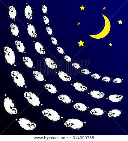 Abstract Image Of Night And Sleeping White Lambs Consisting Of Lines And Figures