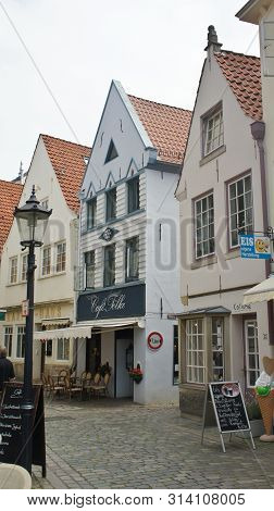 Bremen, Germany - 07 23 2015 - View Of Medieval Street Schnoor, Half-timbered Houses In The Centre O
