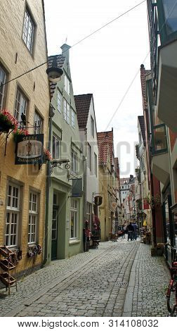 Bremen, Germany - 07 23 2015 - View Of Medieval Street Schnoor, Half-timbered Houses In The Centre O