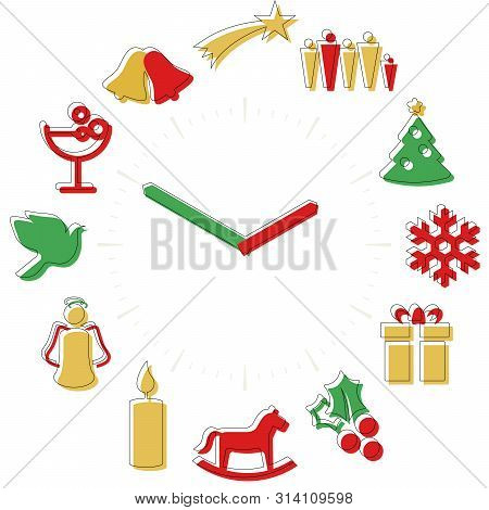 Christmas Time. Activities Icons In A Watch Sphere With Hours.