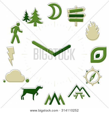 Outdoor Time. Activities Icons In A Watch Sphere With Hours.