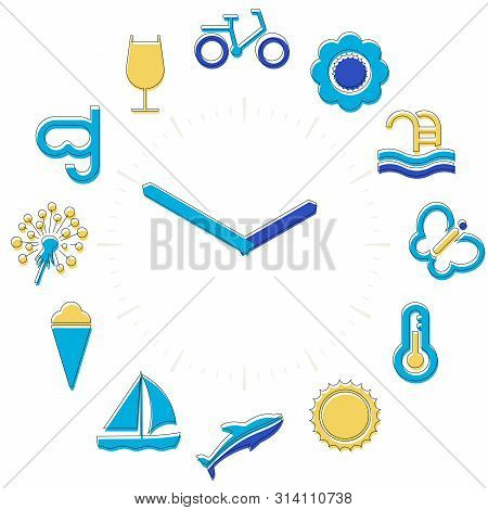 Summer Time. Activities Icons In A Watch Sphere With Hours.