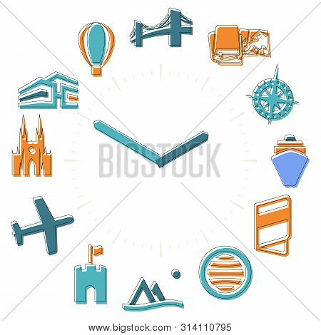 Travel Time. Activities Icons In A Watch Sphere With Hours.