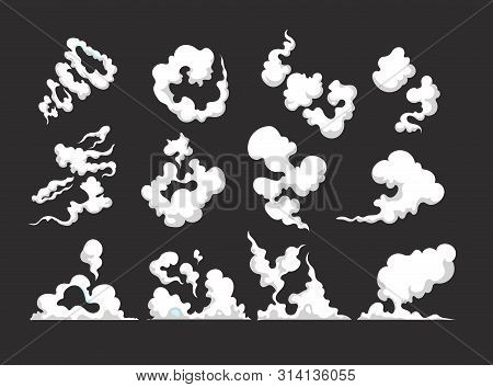Cartoon Smoke. Smoking Car Motion Clouds Cooking Smog Smell Dust Toxic Blast Vector Isolated Comic C