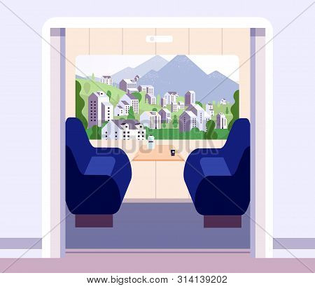 Train Interior. Empty Trains Compartment Without Travellers. Summer Landscape In Coach Window. Railw
