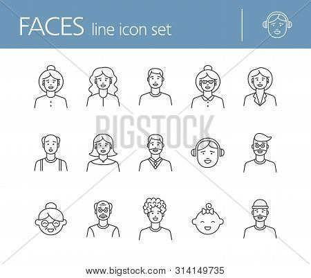 Faces Icons. Set Of Line Icons On White Background. Young Man, Boy, Mid Adult Man. People Concept. V