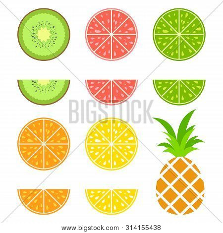 Set Of Colored Isolated Apetitic Fruits On A White Background. Juicy, Bright, Delicious Tropical Foo