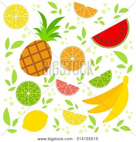 Set Of Colored Isolated Apetitic Fruits On A White Background. Juicy, Bright, Delicious Tropical Foo