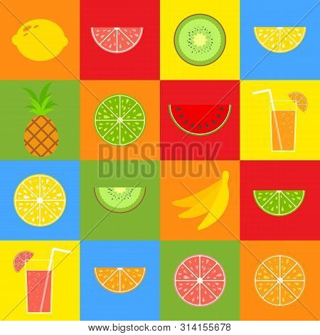 Set Of Colored Isolated Apetitic Fruits On A Background Of Squares. Juicy, Bright, Delicious Tropica
