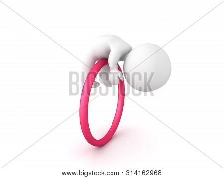 3D Character Trying To Jump Through Big Red Circle Held By Another Person