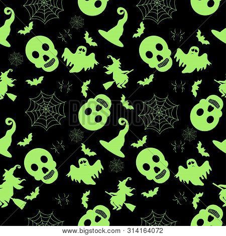 Abstract Seamless Halloween Pattern For Girls Or Boys. Creative Vector Background With Witch, Bat, G