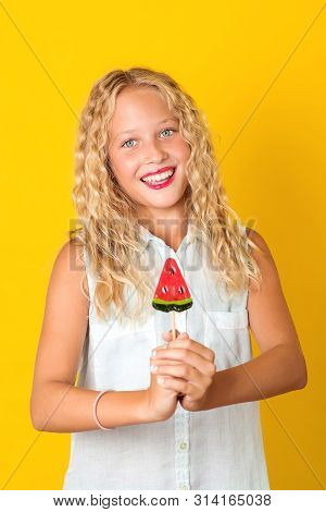 Happy Stylish Trendy Girl Holding Sweet Lollipop. Summer Holidays. Teenager Girl With Beauty Eyes, P