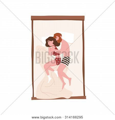 Cute Sweet Young Couple Lying In Bed And Cuddling Or Hugging. Funny Man And Woman Sleeping At Night.