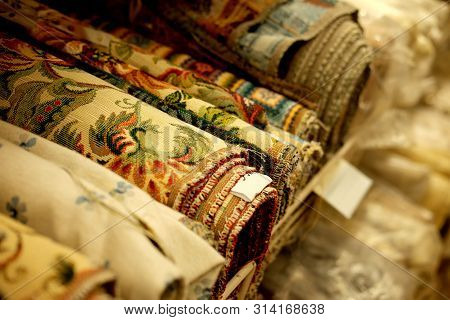 Sale - Colorful Fabrics In The Store, Close Up, Shopping Concept