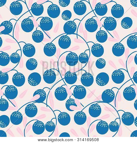 Blue Round Fruits With Pink Leaves, In A Seamless Pattern Design
