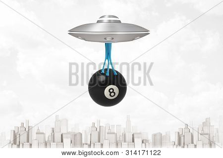 3d Rendering Of Ufo Flying Above Modern City, Carrying Big Black Snooker Ball With Number 8, Which I