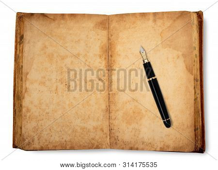 Old Copybook With Fountain Pen   Isolated On White Background