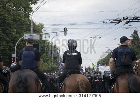 Kyiv, Ukraine - June 23, 2019. Mounted Police On The Road In The City