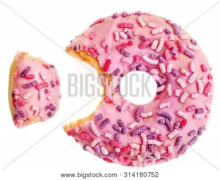 Pink Frosted Donut With Colorful Sprinkles With A Bite. Strawberry Donut  Isolated On White Backgrou