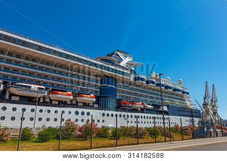 A Large Luxury Cruise Liner Moored In The Port Of The Adriatic Sea, Is Waiting For Passengers. There