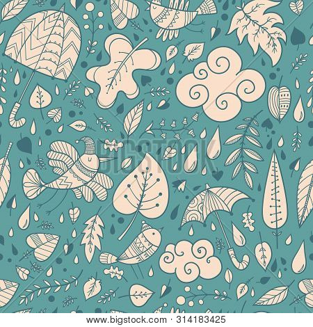 Seamless Pattern With Cute Cartoon Birds And Umbrellas. Falling Leaves. Rainy Weather. Vector Outlin