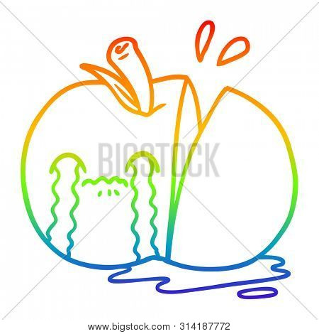 rainbow gradient line drawing of a cartoon sad sliced apple