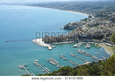 View On Old Small Sicilian Seaside Town Castellammare Del Golfo And Golden Beaches Of Alcamo Marina,