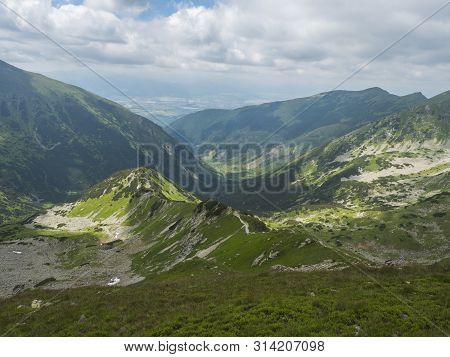 View From Smutne Sedlo On Mountain Valley Smutna Dolina With Rock Boulders, Footpath Trail, Dwarf Sc