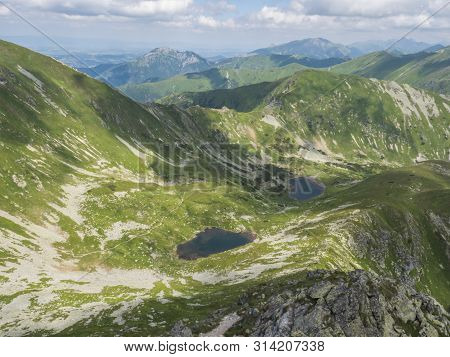 Beautiful Vivid Blue Mountain Lakes Horne And Dolne Jamnicke Pleso With Green Mountain Peaks View Fr