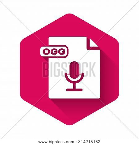 White Ogg File Document. Download Ogg Button Icon Isolated With Long Shadow. Ogg File Symbol. Pink H