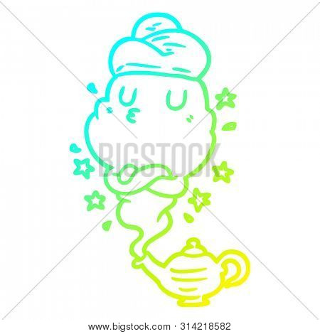 cold gradient line drawing of a cute genie rising out of lamp