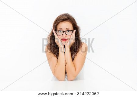 Worried Student At Table. Businesswoman In Office. Business Success. Sexy Lady With Red Lips. Woman 