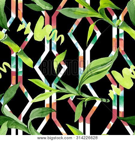 Bamboo Green Leaves. Watercolor Background Illustration Set. Seamless Background Pattern.