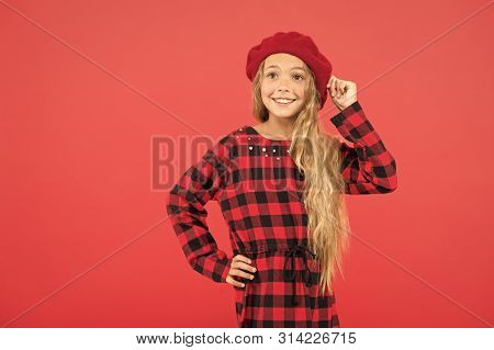 Beret Style Inspiration. How Wear Beret Like Fashion Girl. Kid Little Girl With Long Hair Posing In 