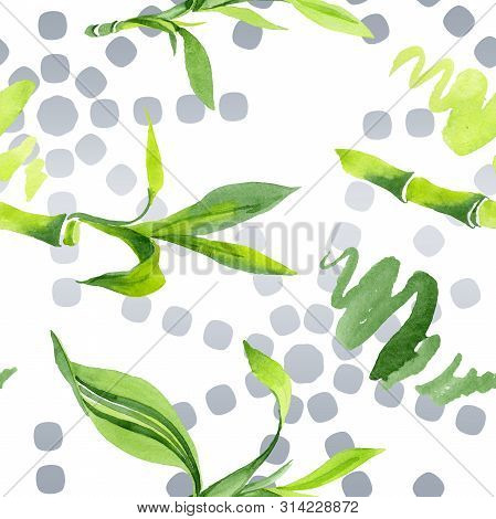 Bamboo Green Leaves. Watercolor Background Illustration Set. Seamless Background Pattern.
