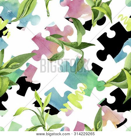 Bamboo Green Leaves. Watercolor Background Illustration Set. Seamless Background Pattern.