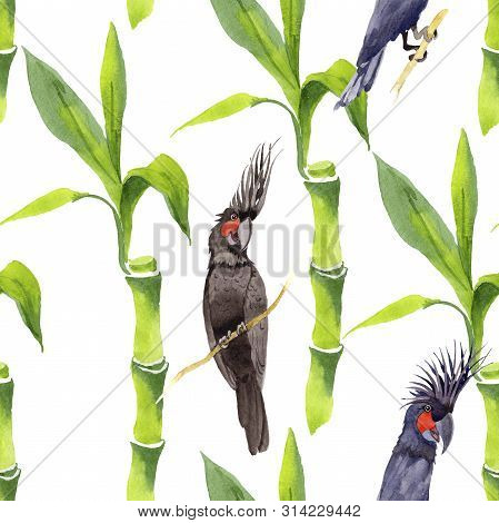 Bamboo Green Leaves. Watercolor Background Illustration Set. Seamless Background Pattern.